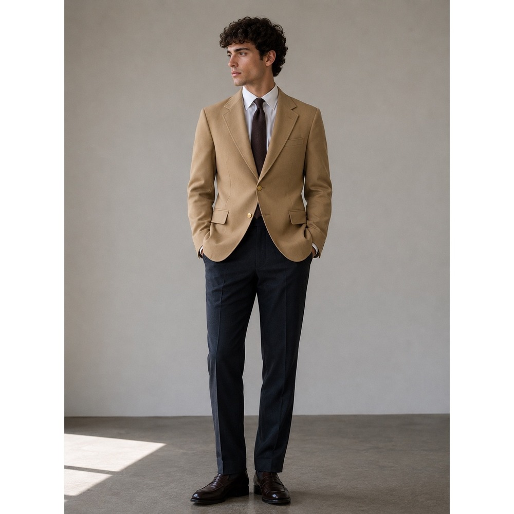 McGregor Bagpiper Mens 40R‎ Camel Tan Wool Blend Hopsack Blazer Gold Buttons NEW